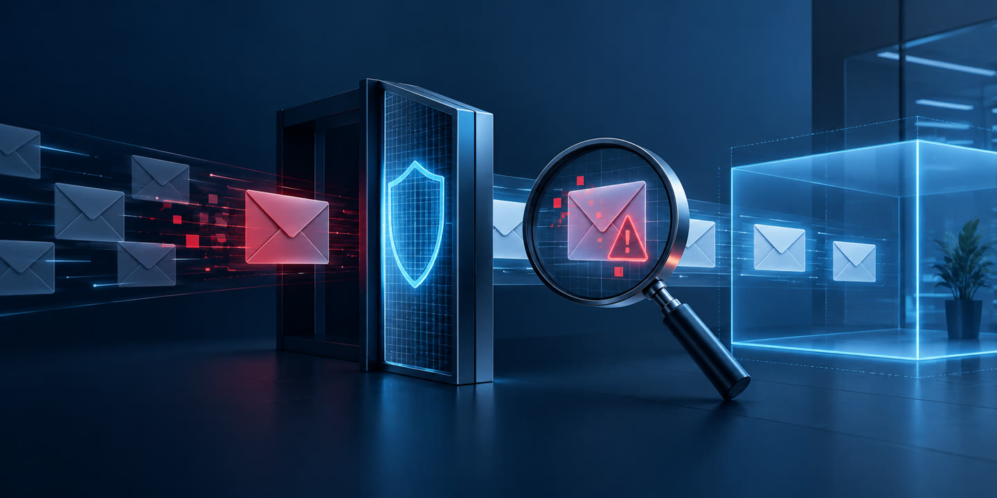 Ilustração de uma mensagem de e-mail sendo examinada por camadas de análise de segurança.