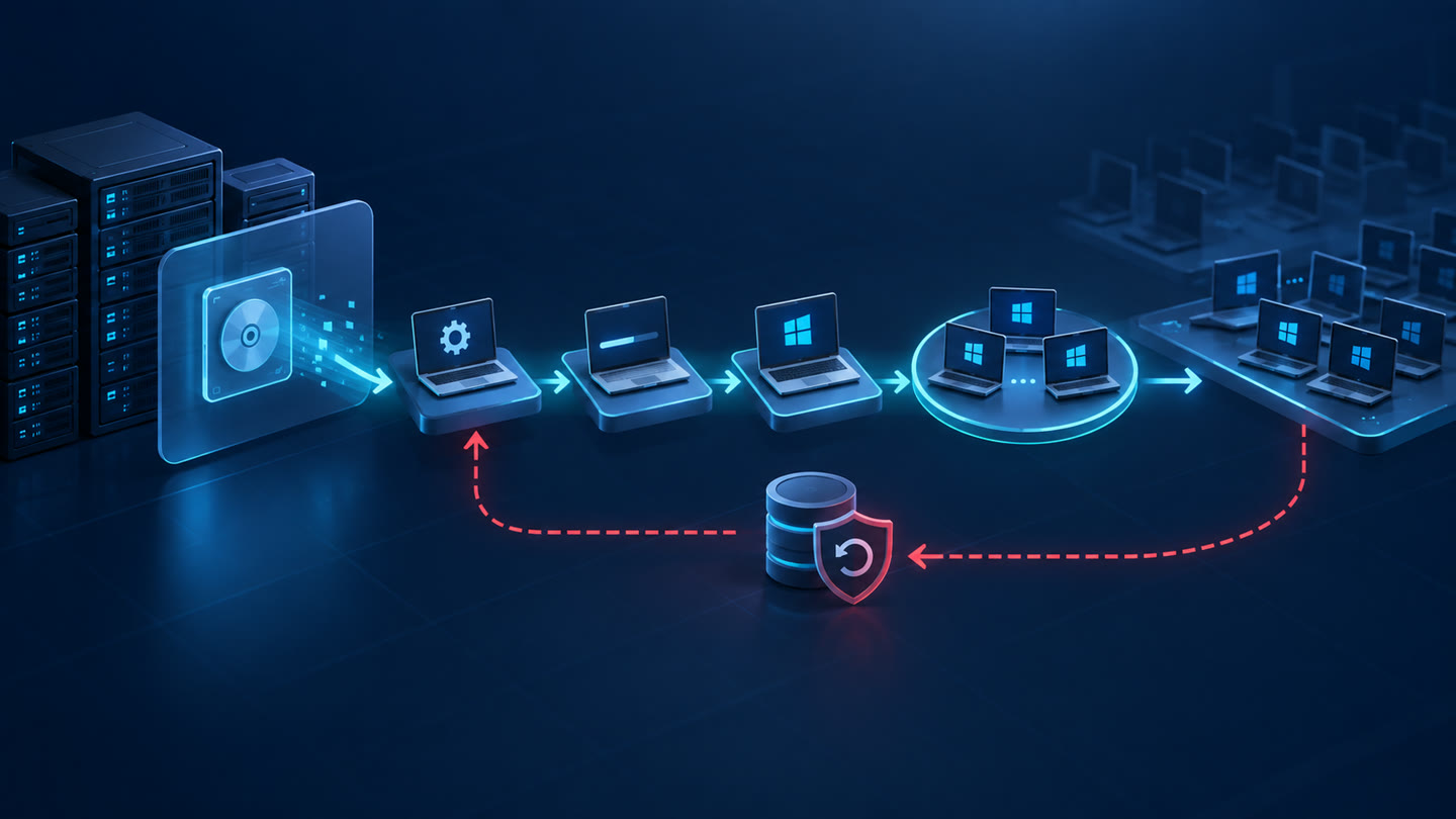 Ilustração de uma sequência de etapas automatizadas preparando um computador para uso corporativo.