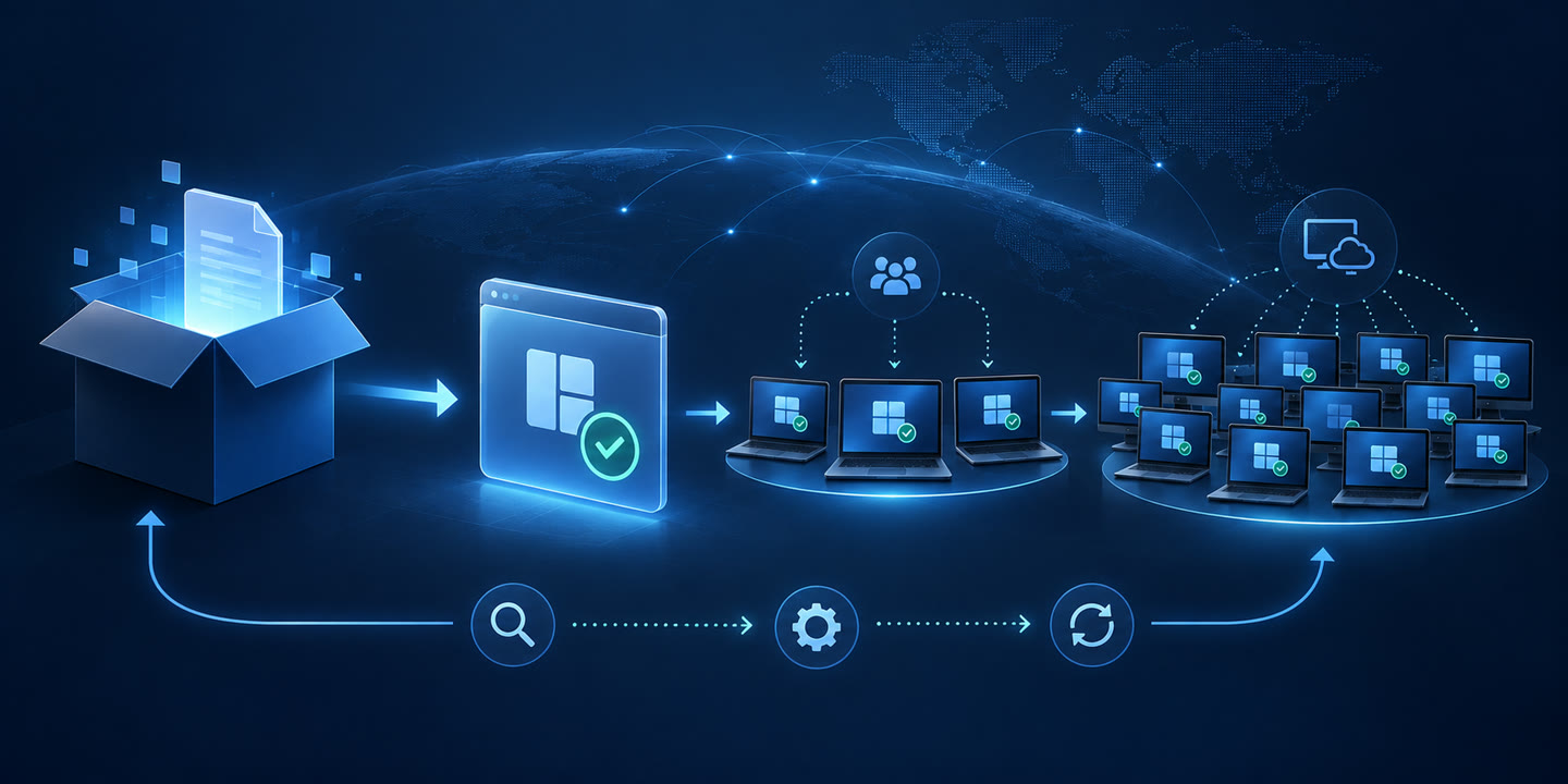 Ilustração de um pacote de software sendo validado e distribuído a computadores gerenciados.